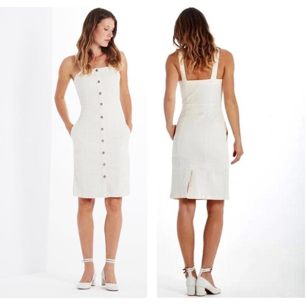 Button-Front White Midi Dress with Square Neck